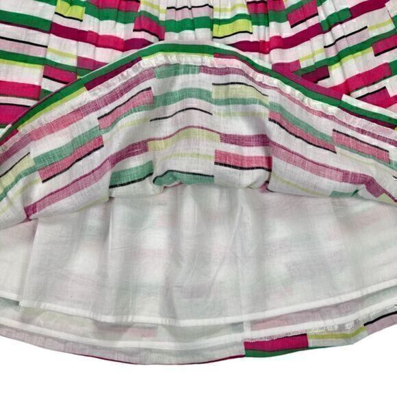 Kaari Blue Linen Pleated Skirt Womens 10 White Pink Multi Abstract Circle Mini - Picture 2 of 9